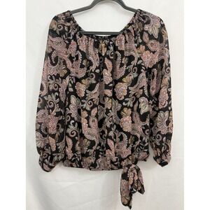 Cece Black Paisley Long Sleeve Tie Waist Peasant Top Blouse Womens Size M